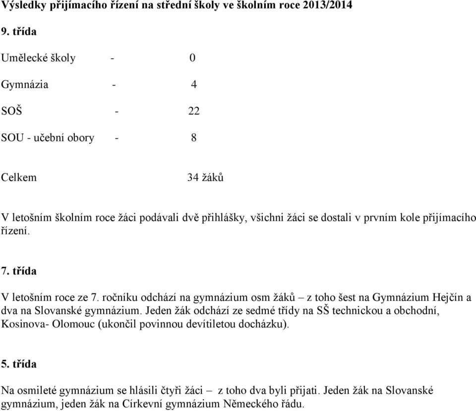 kole přijímacího řízení. 7. třída V letošním roce ze 7. ročníku odchází na gymnázium osm žáků z toho šest na Gymnázium Hejčín a dva na Slovanské gymnázium.