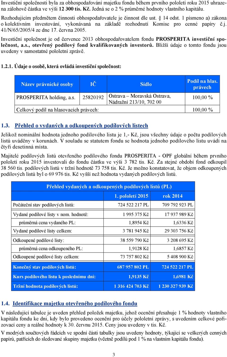 června 2005. Investiční společnost je od července 2013 obhospodařovatelem fondu PROSPERITA investiční společnost, a.s., otevřený podílový fond kvalifikovaných investorů.