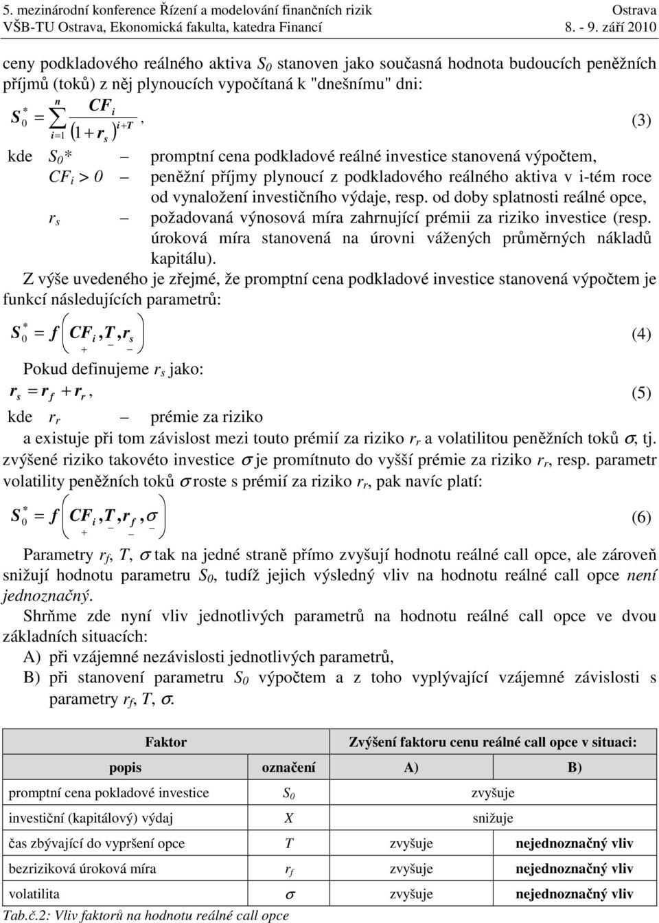 od doby splatnosti reálné opce, r s požadovaná výnosová míra zahrnující prémii za riziko investice (resp. úroková míra stanovená na úrovni vážených průměrných nákladů kapitálu).