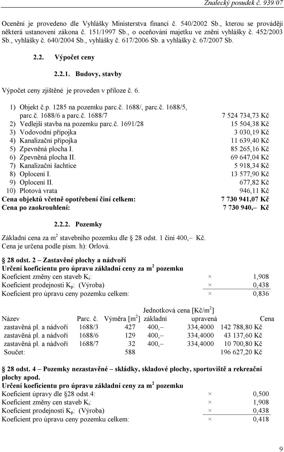 č. 1688/, parc.č. 1688/5, parc.č. 1688/6 a parc.č. 1688/7 7 524 734,73 Kč 2) Vedlejší stavba na pozemku parc.č. 1691/28 15 504,38 Kč 3) Vodovodní přípojka 3 030,19 Kč 4) Kanalizační přípojka 11 639,40 Kč 5) Zpevněná plocha I.