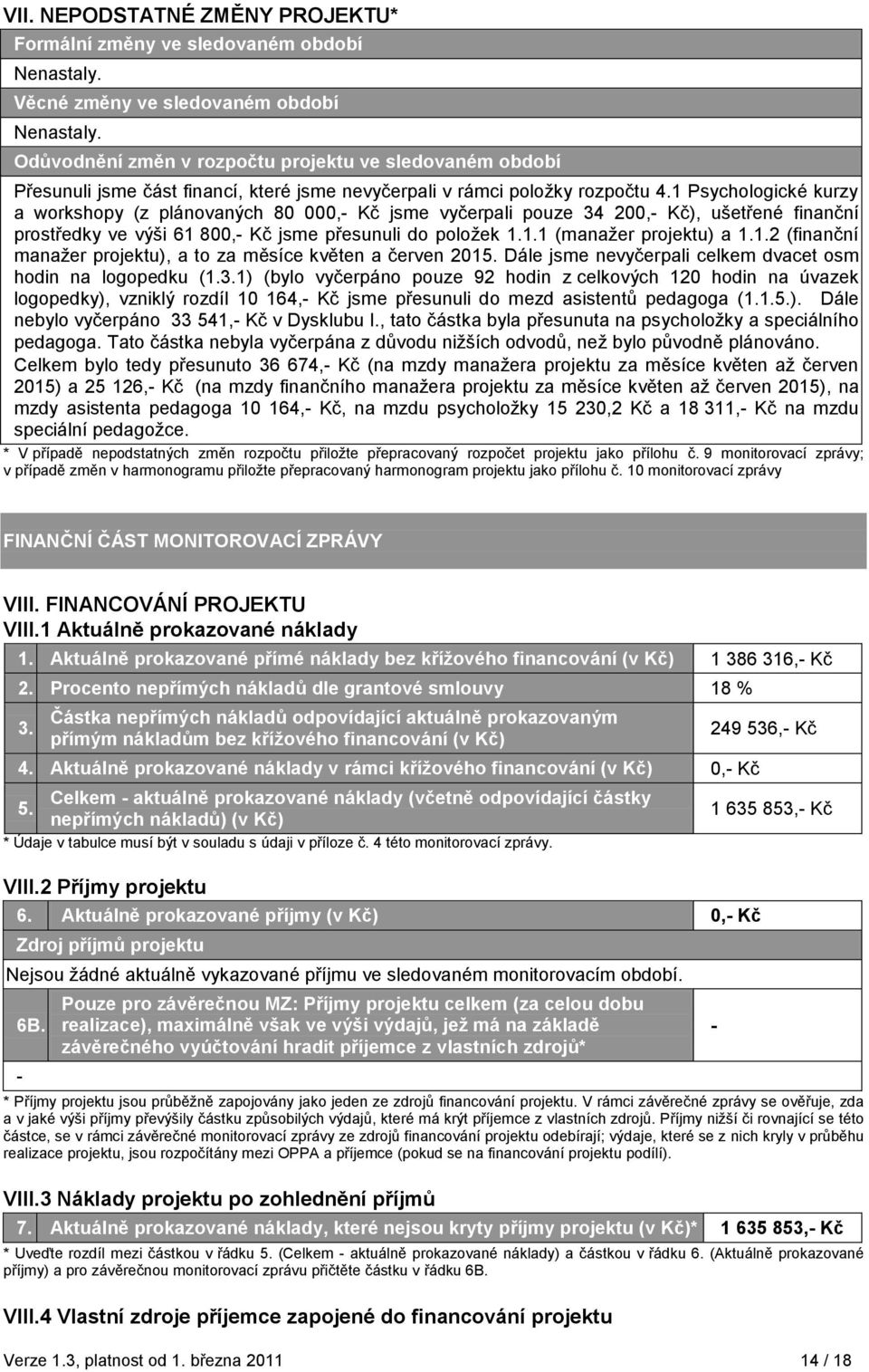 1 Psychologické kurzy a workshopy (z plánovaných 80 000,- Kč jsme vyčerpali pouze 34 200,- Kč), ušetřené finanční prostředky ve výši 61 800,- Kč jsme přesunuli do poloţek 1.1.1 (manaţer projektu) a 1.