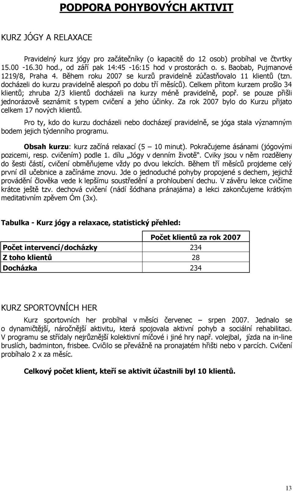 Celkem přitom kurzem prošlo 34 klientů; zhruba 2/3 klientů docházeli na kurzy méně pravidelně, popř. se pouze přišli jednorázově seznámit s typem cvičení a jeho účinky.