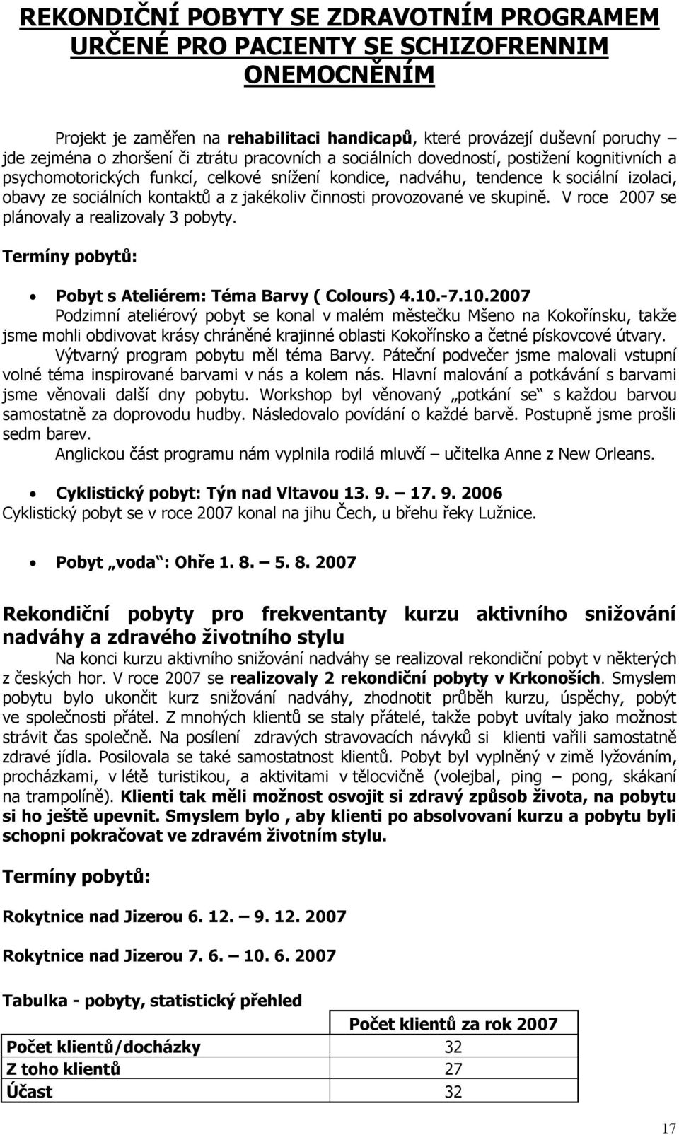 činnosti provozované ve skupině. V roce 2007 se plánovaly a realizovaly 3 pobyty. Termíny pobytů: Pobyt s Ateliérem: Téma Barvy ( Colours) 4.10.