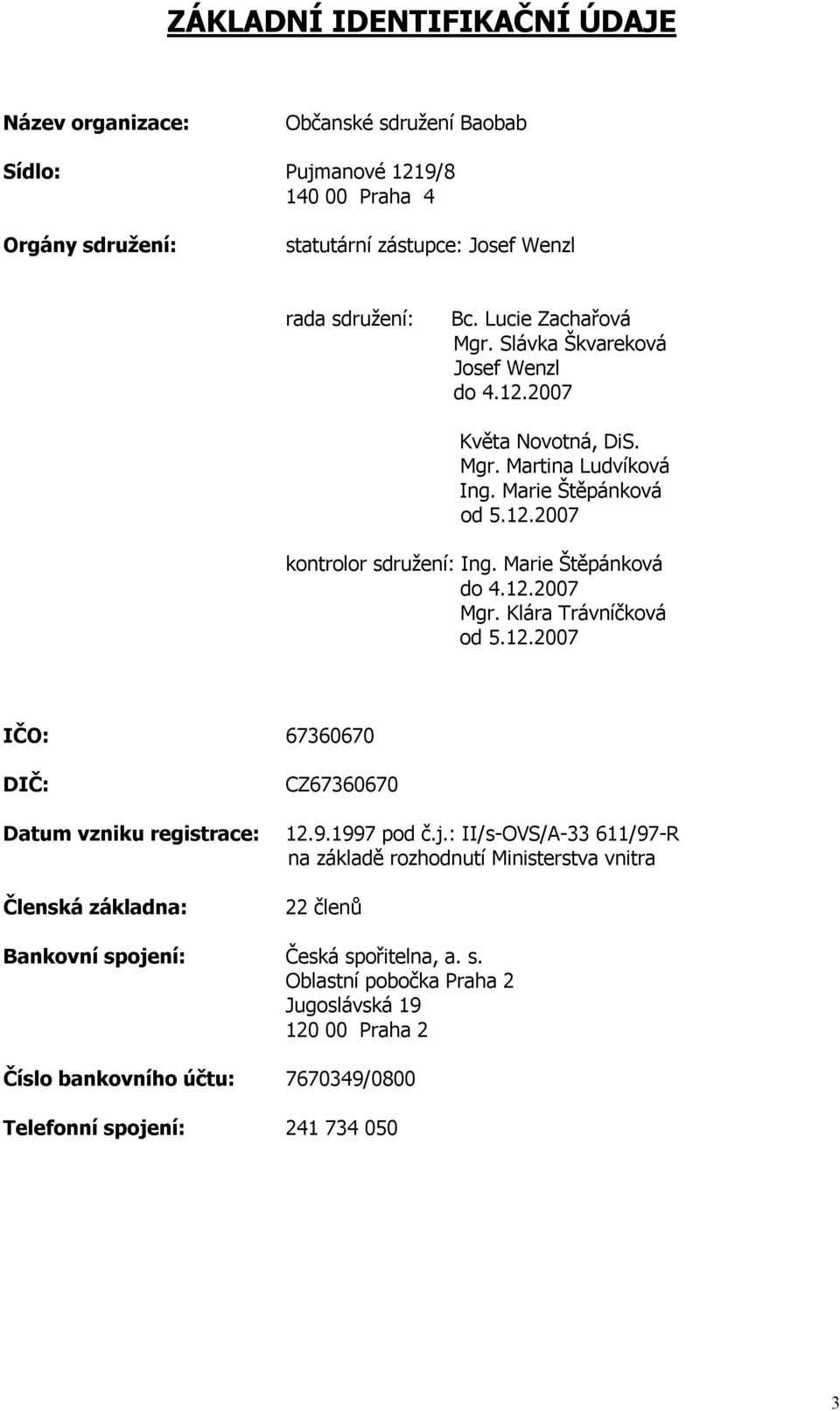 Marie Štěpánková do 4.12.2007 Mgr. Klára Trávníčková od 5.12.2007 IČO: 67360670 DIČ: Datum vzniku registrace: Členská základna: CZ67360670 12.9.1997 pod č.j.