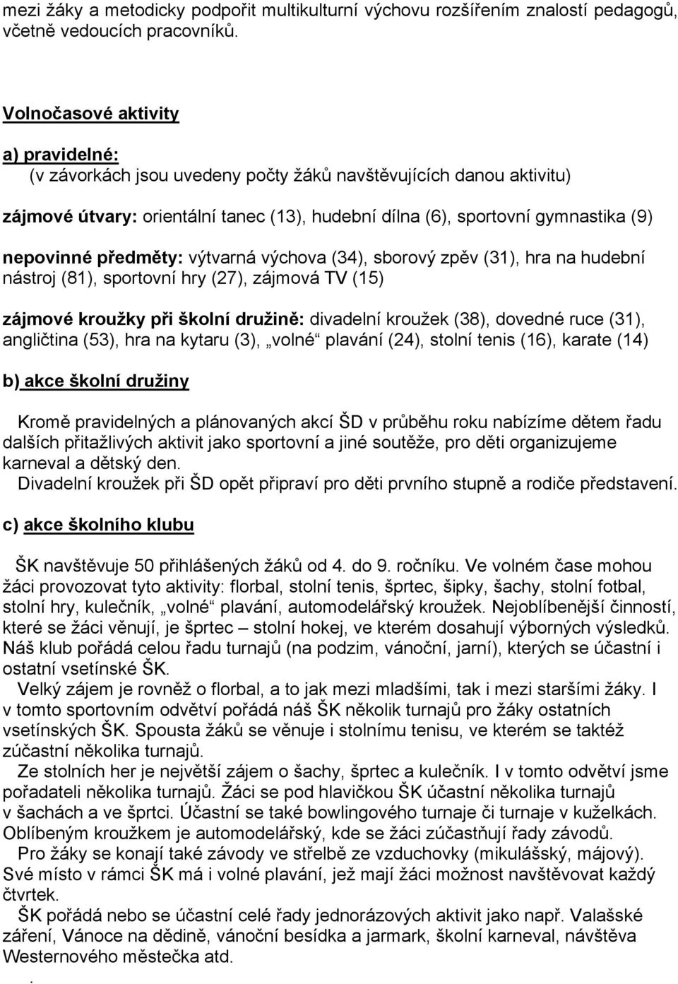 předměty: výtvarná výchova (34), sborový zpěv (31), hra na hudební nástroj (81), sportovní hry (27), zájmová TV (15) zájmové kroužky při školní družině: divadelní kroužek (38), dovedné ruce (31),