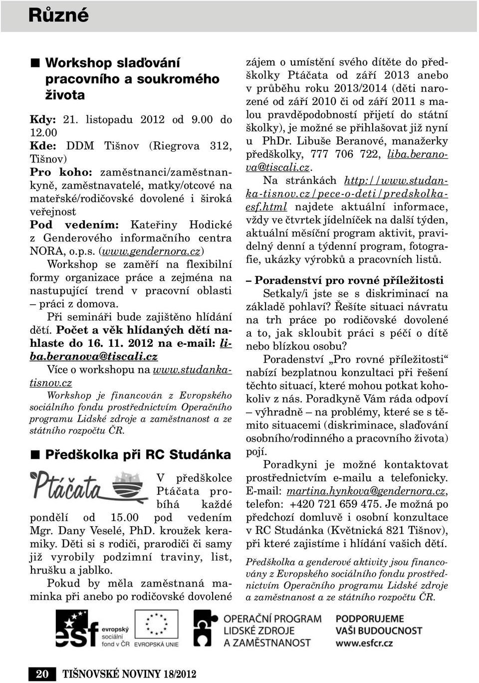 Genderového informaãního centra NORA, o.p.s. (www.gendernora.cz) Workshop se zamûfií na flexibilní formy organizace práce a zejména na nastupující trend v pracovní oblasti práci z domova.