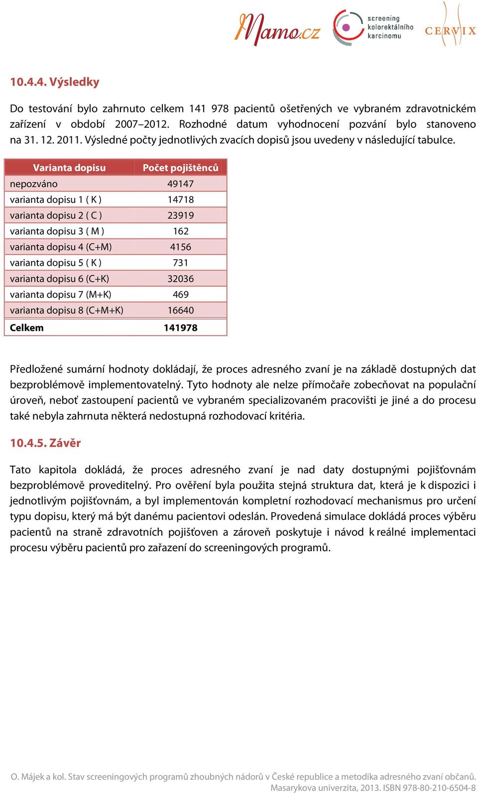 Varianta dopisu Počet pojištěnců pozváno 49147 varianta dopisu 1 ( K ) 14718 varianta dopisu 2 ( C ) 23919 varianta dopisu 3 ( M ) 162 varianta dopisu 4 (C+M) 4156 varianta dopisu 5 ( K ) 731