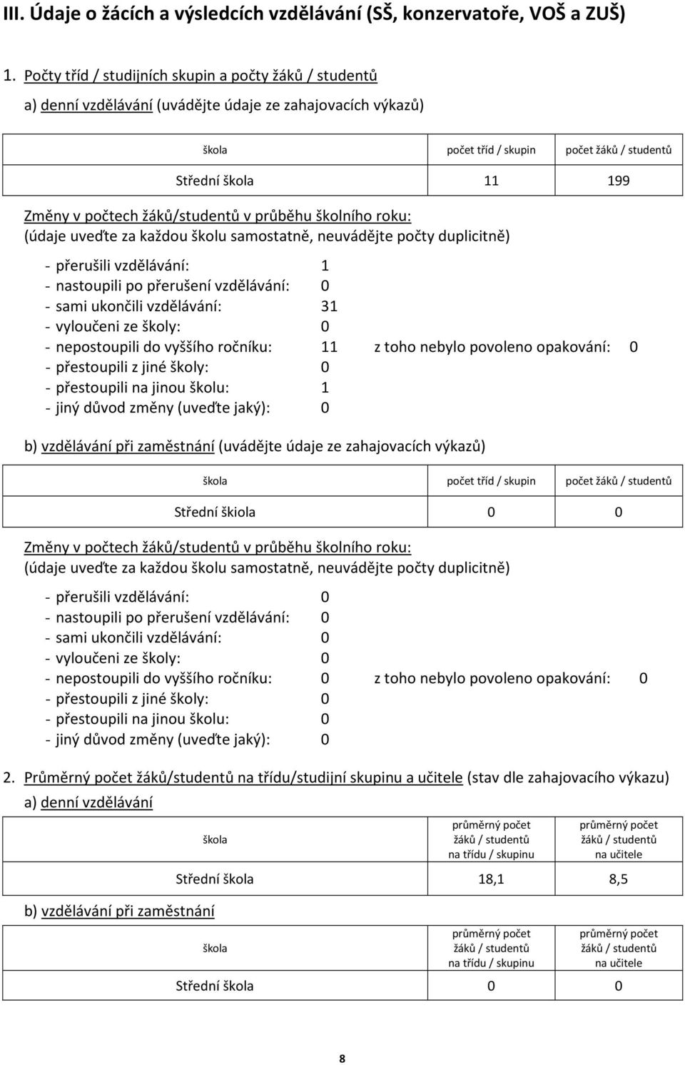 žáků/studentů v průběhu školního roku: (údaje uveďte za každou školu samostatně, neuvádějte počty duplicitně) - přerušili vzdělávání: 1 - nastoupili po přerušení vzdělávání: 0 - sami ukončili