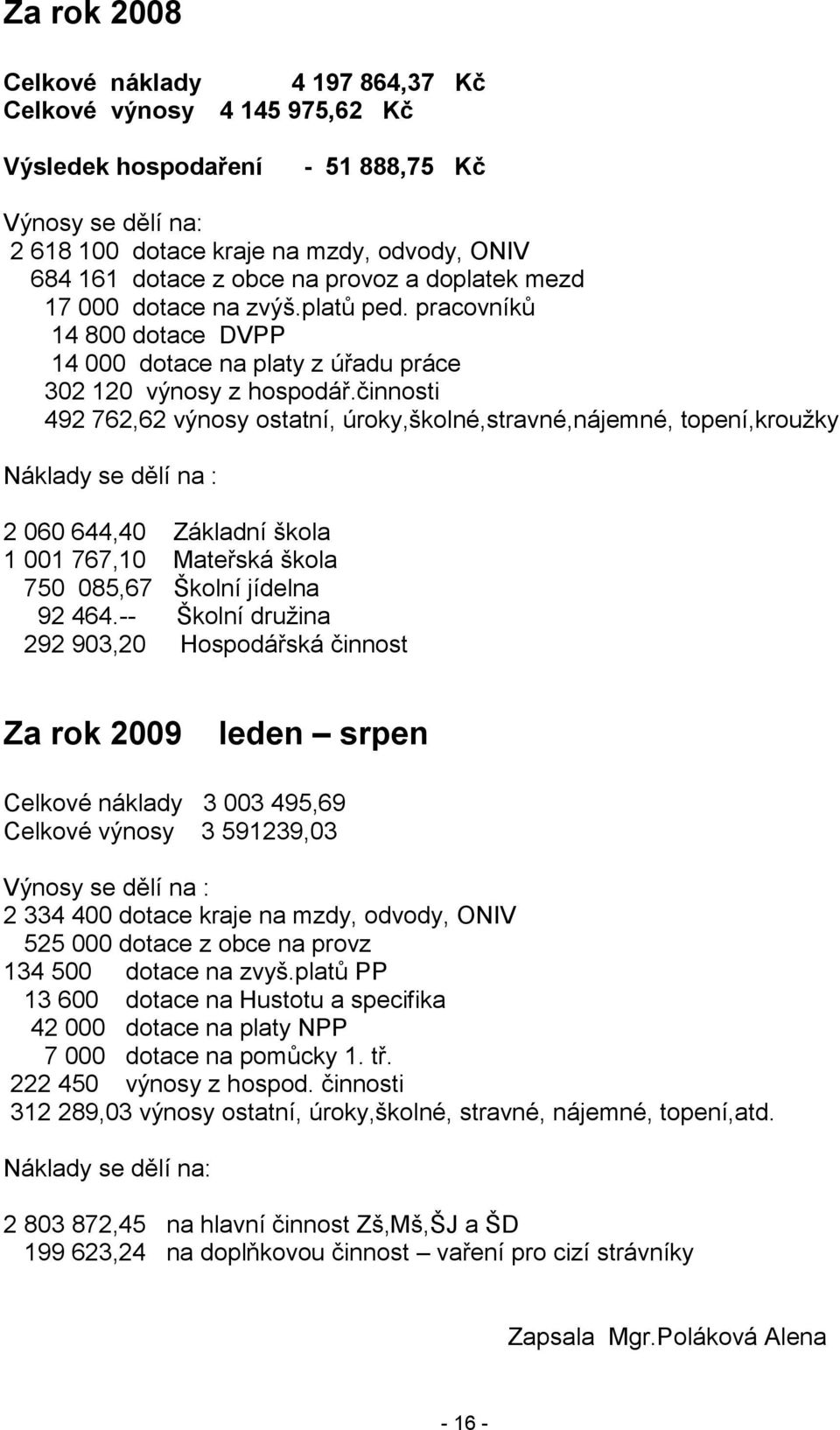 činnosti 492 762,62 výnosy ostatní, úroky,školné,stravné,nájemné, topení,krouţky Náklady se dělí na : 2 060 644,40 Základní škola 1 001 767,10 Mateřská škola 750 085,67 Školní jídelna 92 464.