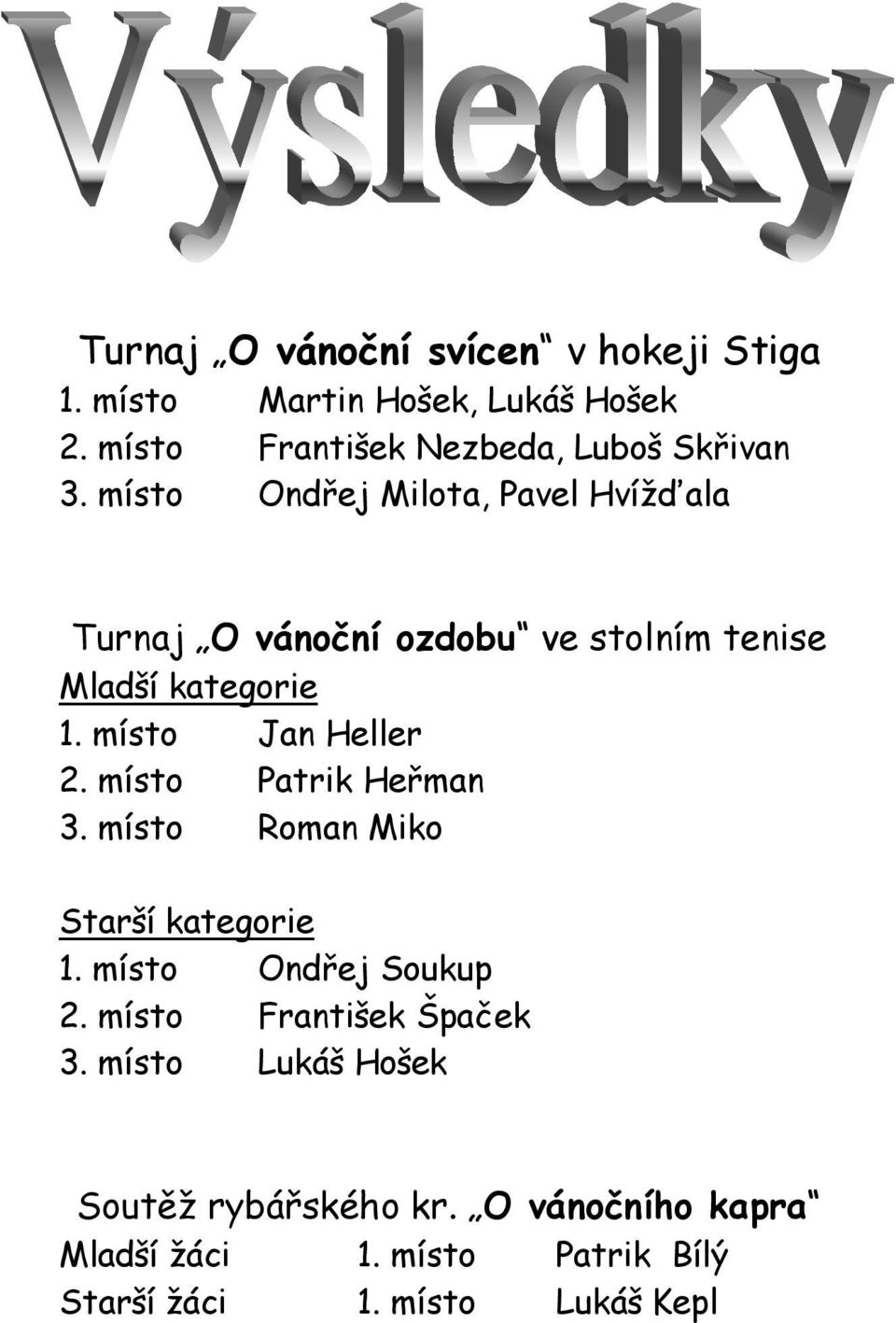 místo Ondřej Milota, Pavel Hvížďala Turnaj O vánoční ozdobu ve stolním tenise Mladší kategorie 1. místo Jan Heller 2.