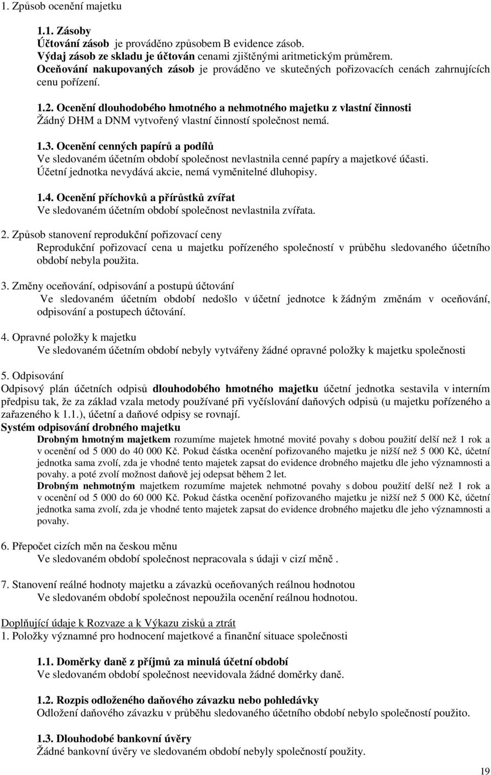 Ocenění dlouhodobého hmotného a nehmotného majetku z vlastní činnosti Žádný DHM a DNM vytvořený vlastní činností společnost nemá. 1.3.