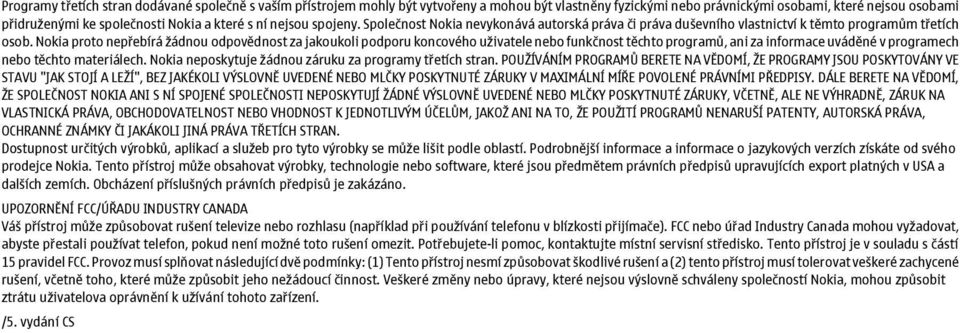 Nokia proto nepřebírá žádnou odpovědnost za jakoukoli podporu koncového uživatele nebo funkčnost těchto programů, ani za informace uváděné v programech nebo těchto materiálech.