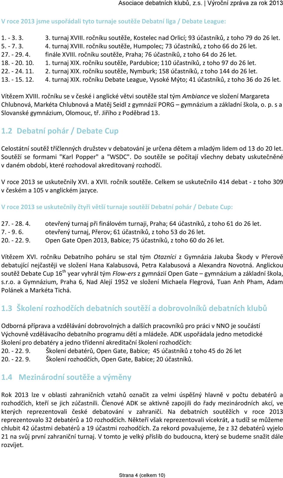 ročníku soutěže, Pardubice; 110 účastníků, z toho 97 do 26 let. 22. - 24. 11. 2. turnaj XIX. ročníku soutěže, Nymburk; 158 účastníků, z toho 144 do 26 let. 13. - 15. 12. 4. turnaj XIX. ročníku Debate League, Vysoké Mýto; 41 účastníků, z toho 36 do 26 let.