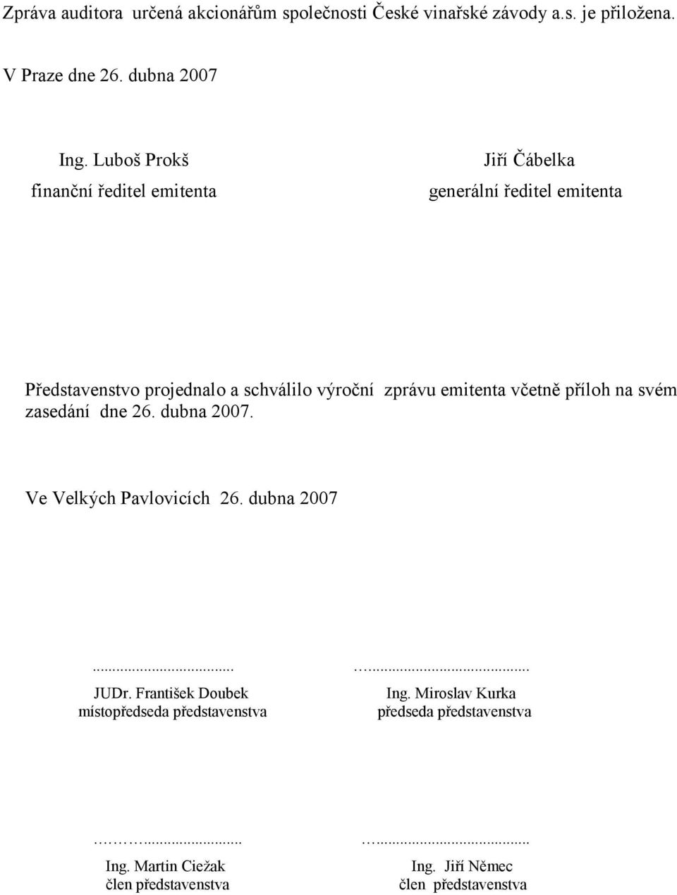 emitenta včetně příloh na svém zasedání dne 26. dubna 2007. Ve Velkých Pavlovicích 26. dubna 2007...... JUDr. František Doubek Ing.