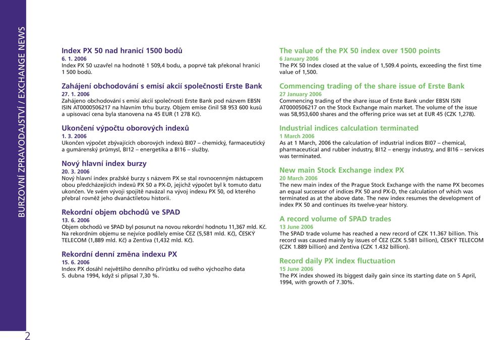Objem emise činil 58 953 600 kusů a upisovací cena byla stanovena na 45 EUR (1 278 Kč). Ukončení výpočtu oborových indexů 1. 3.