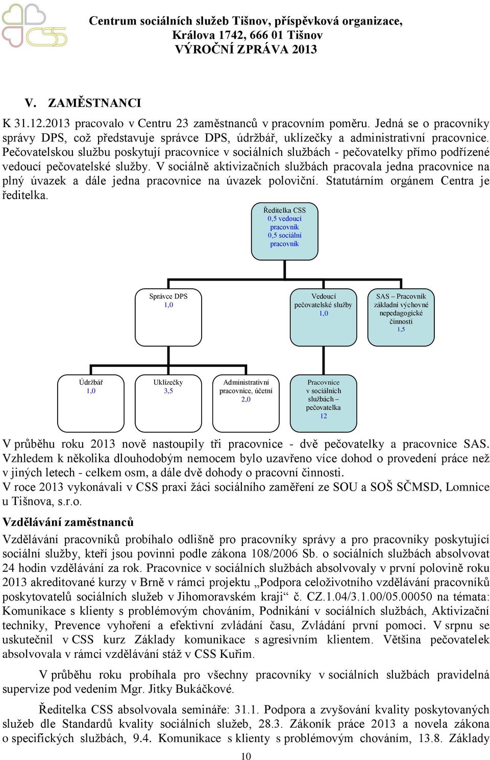 V sociálně aktivizačních službách pracovala jedna pracovnice na plný úvazek a dále jedna pracovnice na úvazek poloviční. Statutárním orgánem Centra je ředitelka.