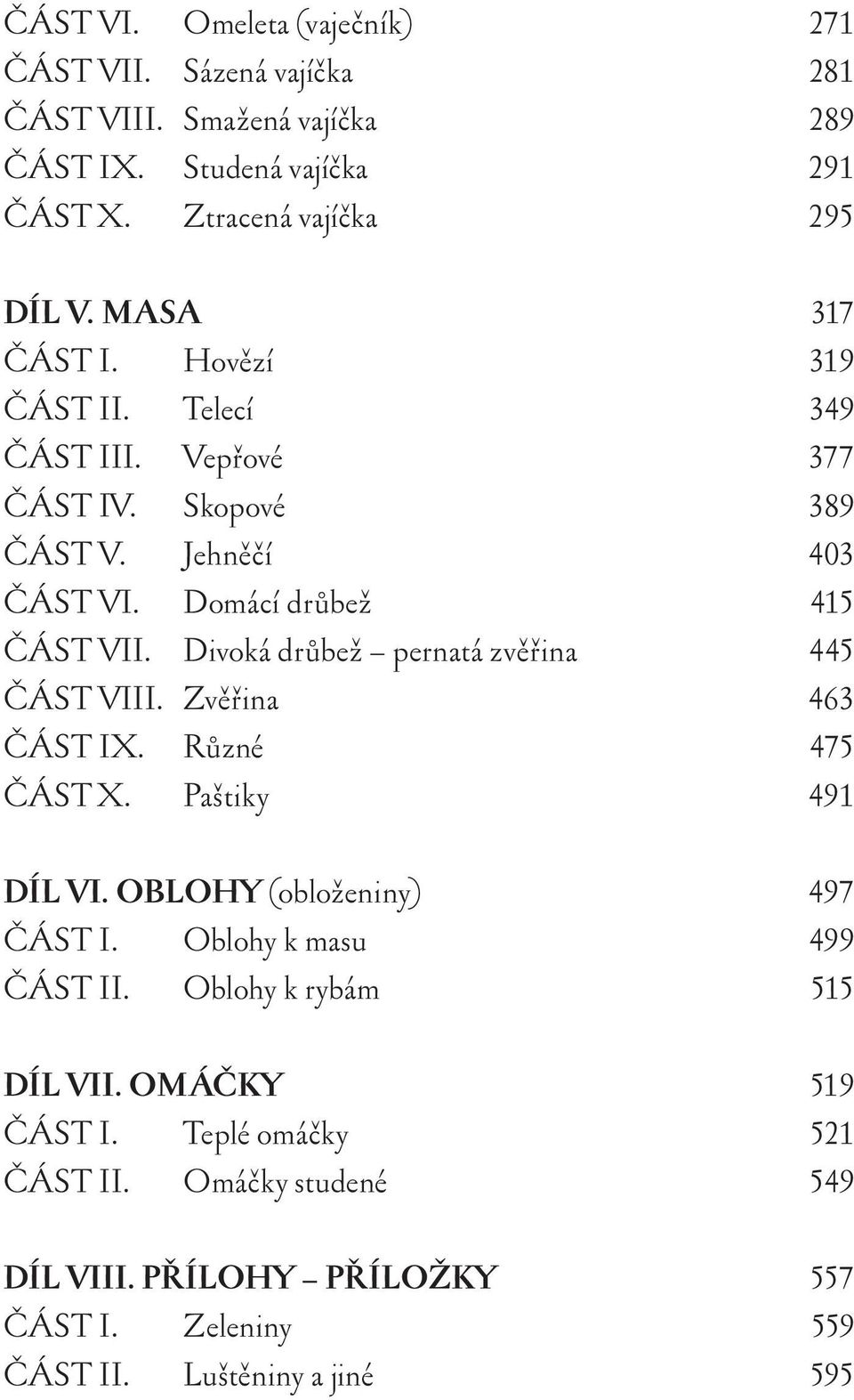 Domácí drůbež 415 ČÁST VII. Divoká drůbež pernatá zvěřina 445 ČÁST VIII. Zvěřina 463 X. Různé 475 ČÁST X. Paštiky 491 DÍL VI.