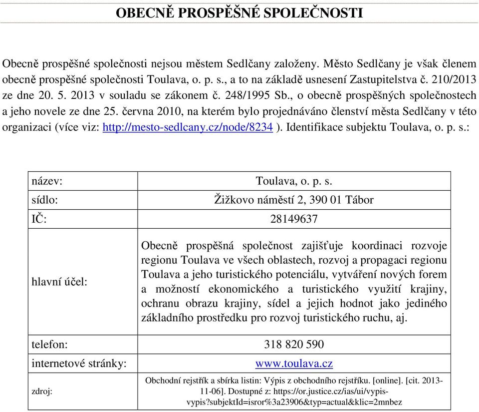 června 2010, na kterém bylo projednáváno členství města Sedlčany v této organizaci (více viz: http://mesto-sedlcany.cz/node/8234 ). Identifikace su