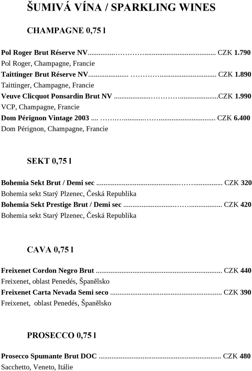 ..... CZK 320 Bohemia sekt Starý Plzenec, Česká Republika Bohemia Sekt Prestige Brut / Demi sec...... CZK 420 Bohemia sekt Starý Plzenec, Česká Republika CAVA 0,75 l Freixenet Cordon Negro Brut.