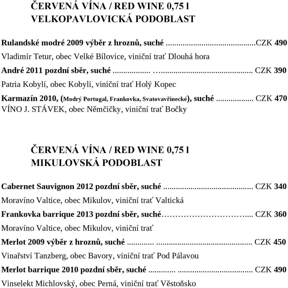 STÁVEK, obec Němčičky, viniční trať Bočky ČERVENÁ VÍNA / RED WINE 0,75 l MIKULOVSKÁ PODOBLAST Cabernet Sauvignon 2012 pozdní sběr, suché.