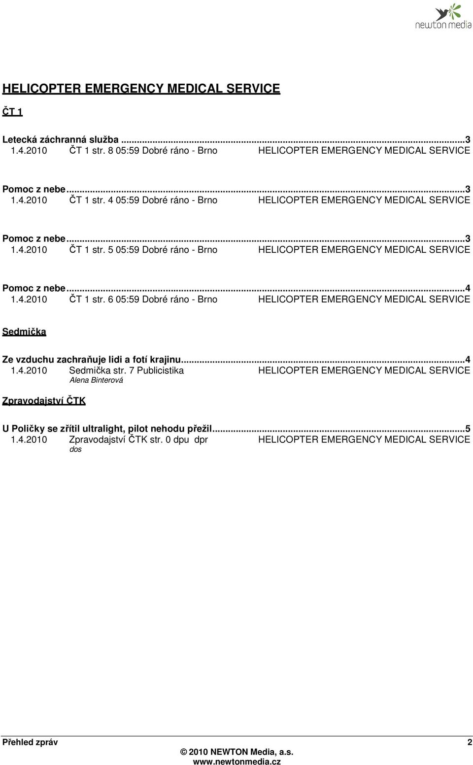 .. 4 1.4.2010 Sedmička str. 7 Publicistika Alena Binterová Zpravodajství ČTK U Poličky se zřítil ultralight, pilot nehodu přežil.