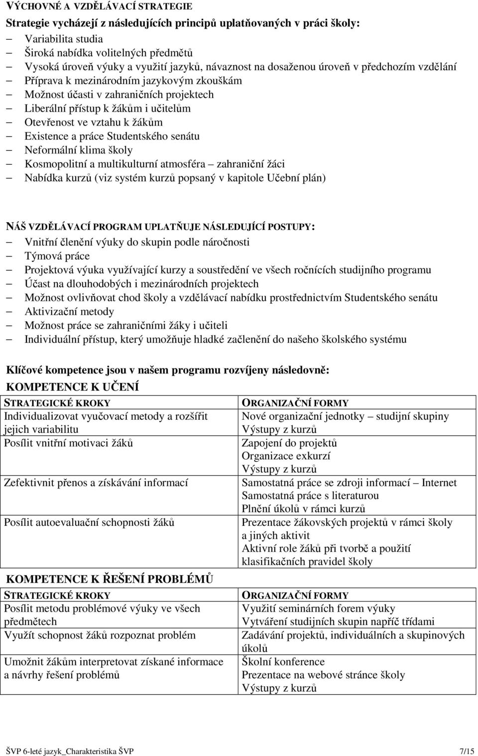 žákům Existence a práce Studentského senátu Neformální klima školy Kosmopolitní a multikulturní atmosféra zahraniční žáci Nabídka kurzů (viz systém kurzů popsaný v kapitole Učební plán) NÁŠ