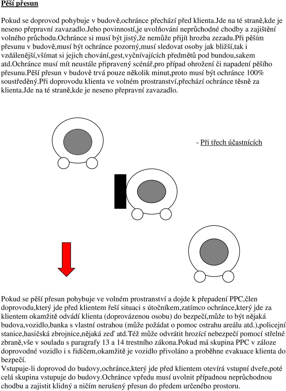 při pěším přesunu v budově,musí být ochránce pozorný,musí sledovat osoby jak bližší,tak i vzdálenější,všímat si jejich chování,gest,vyčnívajících předmětů pod bundou,sakem atd.