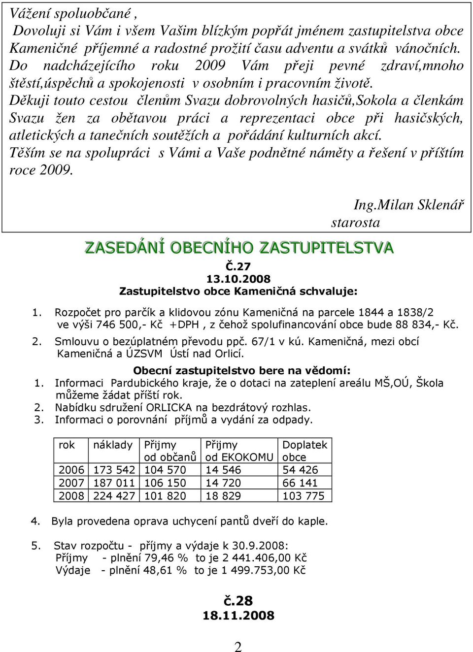 Děkuji touto cestou členům Svazu dobrovolných hasičů,sokola a členkám Svazu žen za obětavou práci a reprezentaci obce při hasičských, atletických a tanečních soutěžích a pořádání kulturních akcí.