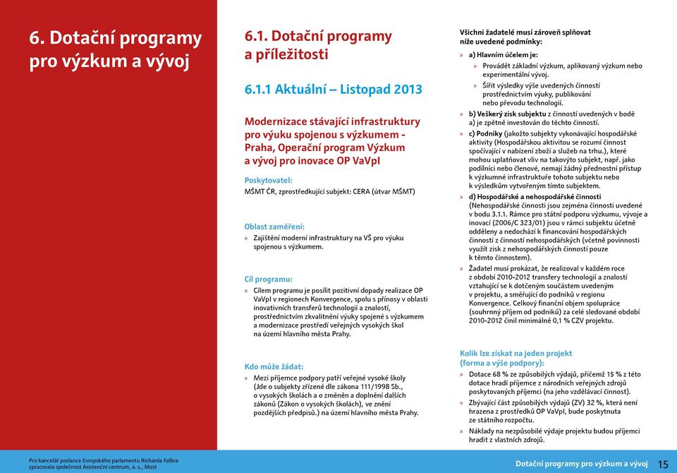 1 Aktuální Listopad 2013 Modernizace stávající infrastruktury pro výuku spojenou s výzkumem - Praha, Operační program Výzkum a vývoj pro inovace OP VaVpI Poskytovatel: MŠMT ČR, zprostředkující