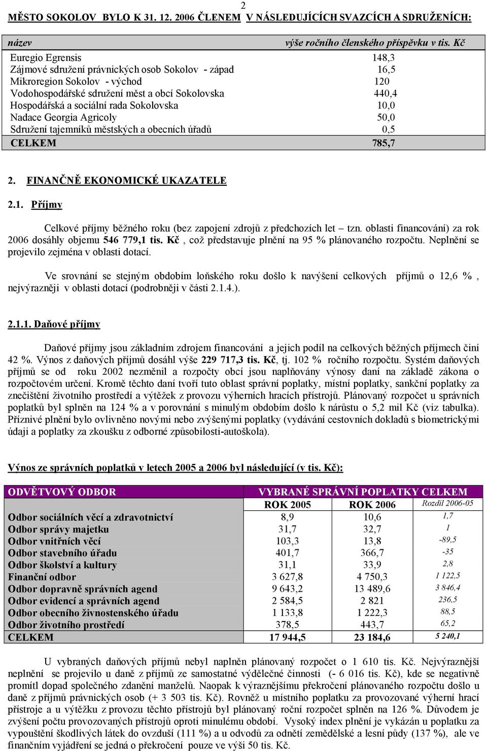 Sokolovska 10,0 Nadace Georgia Agricoly 50,0 Sdružení tajemníků městských a obecních úřadů 0,5 CELKEM 785,7 2. FINANČNĚ EKONOMICKÉ UKAZATELE 2.1. Příjmy Celkové příjmy běžného roku (bez zapojení zdrojů z předchozích let tzn.
