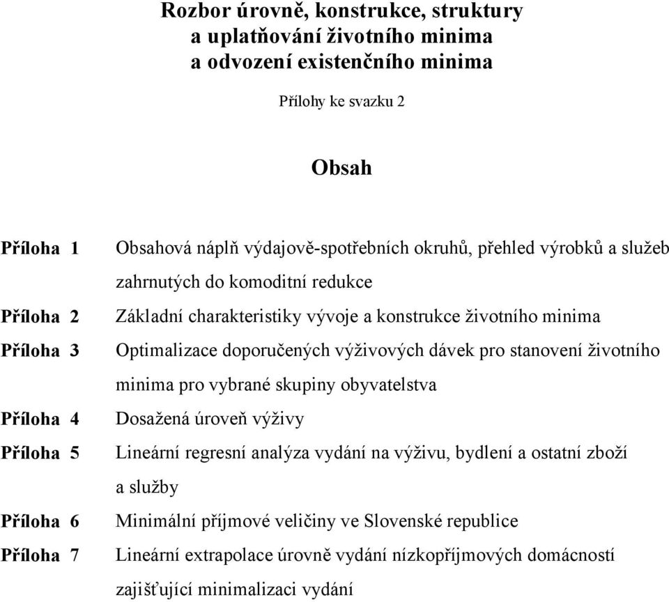 minima Optimalizace doporučených výživových dávek pro stanovení životního minima pro vybrané skupiny obyvatelstva Dosažená úroveň výživy Lineární regresní analýza vydání na