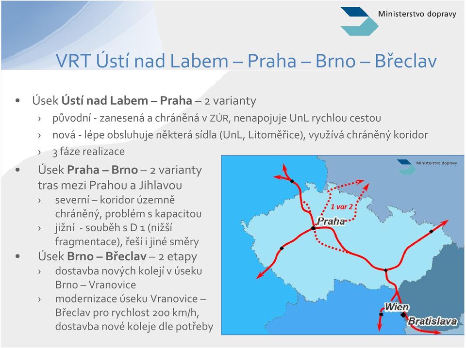 Jihlavou severní koridor územně chráněný, problém s kapacitou jižní -souběh s D 1 (nižší fragmentace), řeší i jiné směry Úsek Brno Břeclav 2