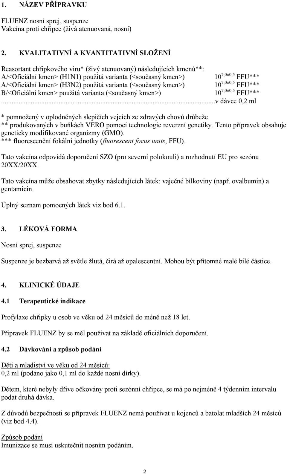 kmen> (H3N2) použitá varianta (<současný kmen>) 10 7,0±0,5 FFU*** B/<Oficiální kmen> použitá varianta (<současný kmen>) 10 7,0±0,5 FFU***.