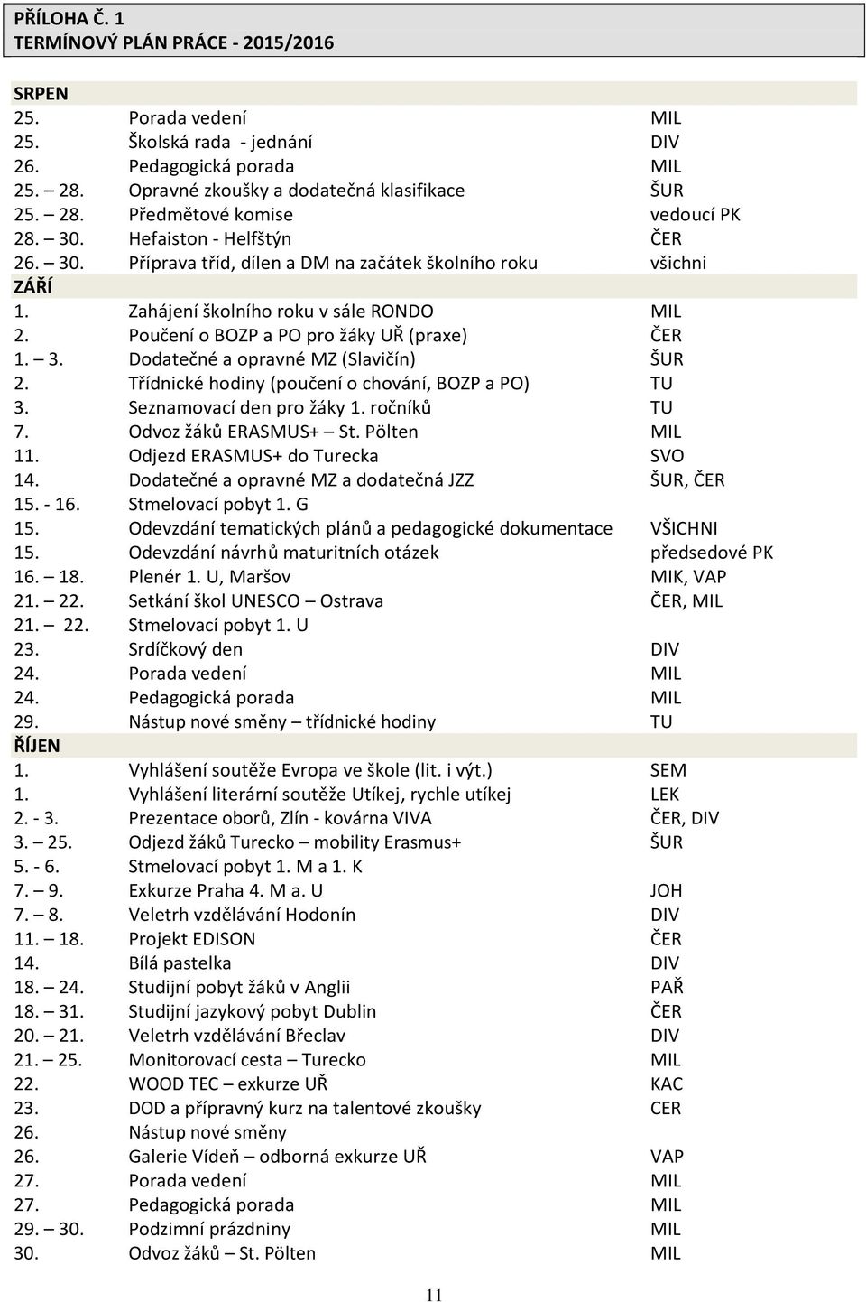 Třídnické hodiny (poučení o chování, BOZP a PO) TU 3. Seznamovací den pro žáky 1. ročníků TU 7. Odvoz žáků ERASMUS+ St. Pölten MIL 11. Odjezd ERASMUS+ do Turecka SVO 14.