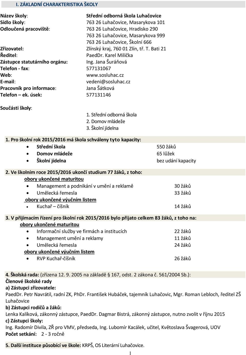 Jana Šuráňová Telefon - fax: 577131067 Web: www.sosluhac.cz E-mail: vedeni@sosluhac.cz Pracovník pro informace: Jana Šátková Telefon ek. úsek: 577131146 Součásti školy: 1. Střední odborná škola 2.