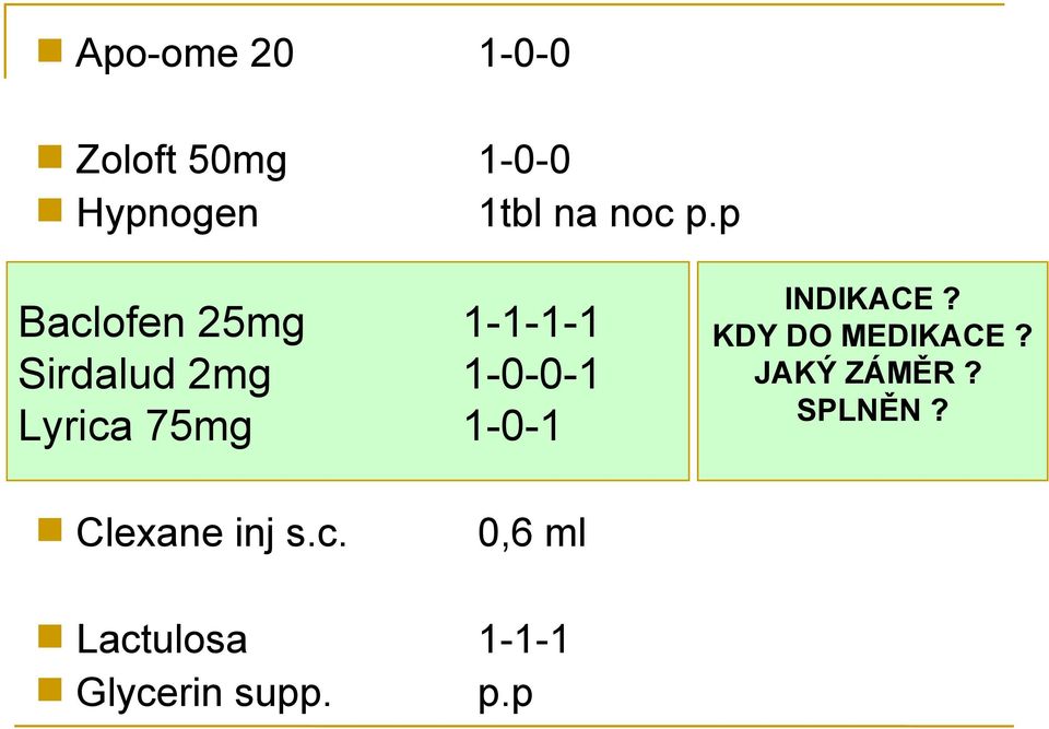 25mg 1-1-1-1 Sirdalud 2mg 1-0-0-1 Lyrica 75mg 1-0-1