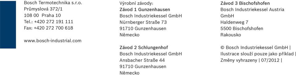 Schlungenhof Bosch Industriekessel GmbH Ansbacher Straße 44 91710 Gunzenhausen Německo Závod 3 Bischofshofen Bosch