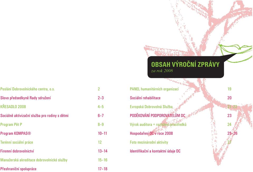 2 Slovo předsedkyně Rady sdružení 2 3 KŘESADLO 2008 4 5 Sociálně aktivizační služba pro rodiny s dětmi 6 7 Program Pět P 8 9 Program KOMPAS 10 11