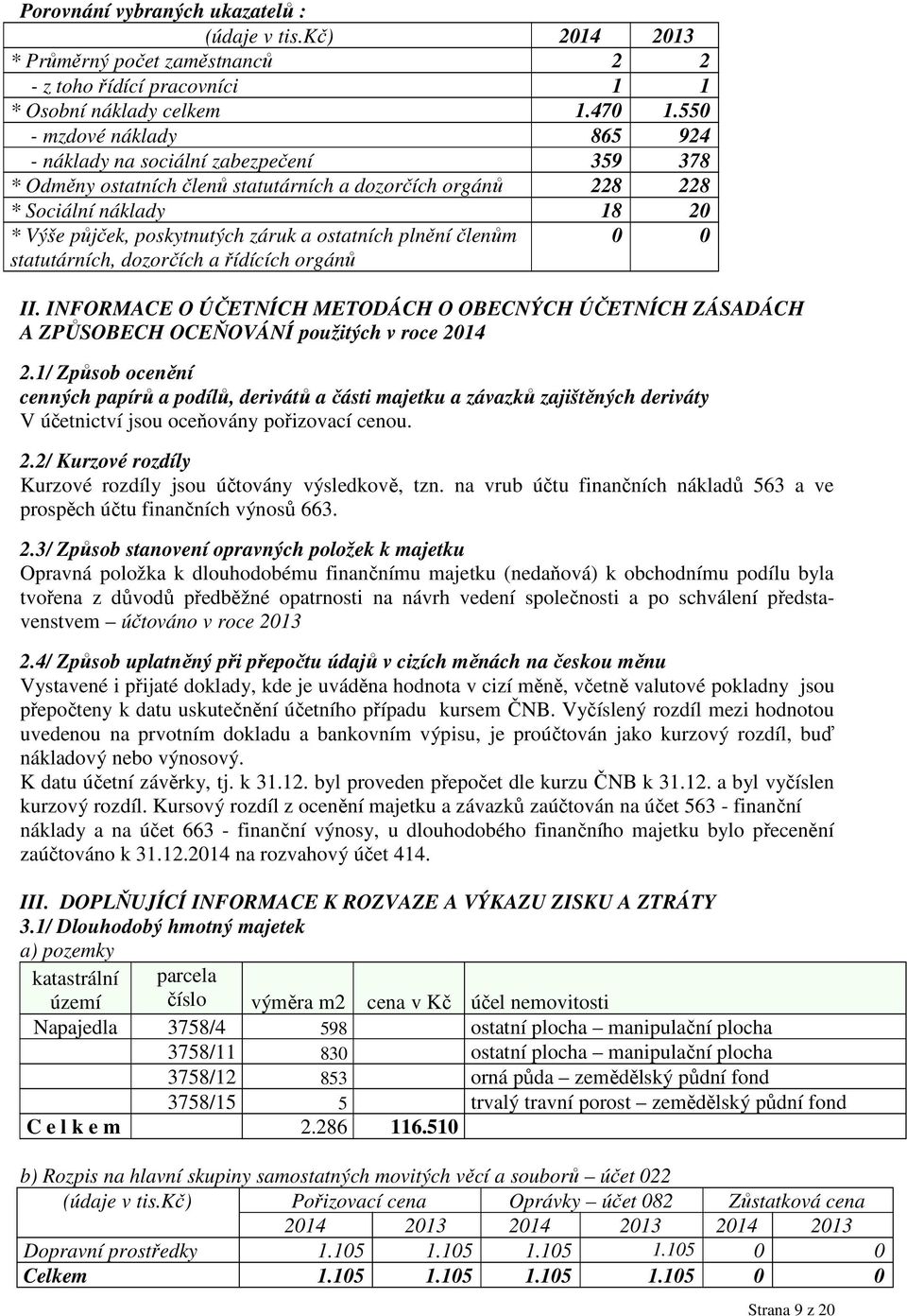 ostatních plnění členům statutárních, dozorčích a řídících orgánů 0 0 II. INFORMACE O ÚČETNÍCH METODÁCH O OBECNÝCH ÚČETNÍCH ZÁSADÁCH A ZPŮSOBECH OCEŇOVÁNÍ použitých v roce 2014 2.