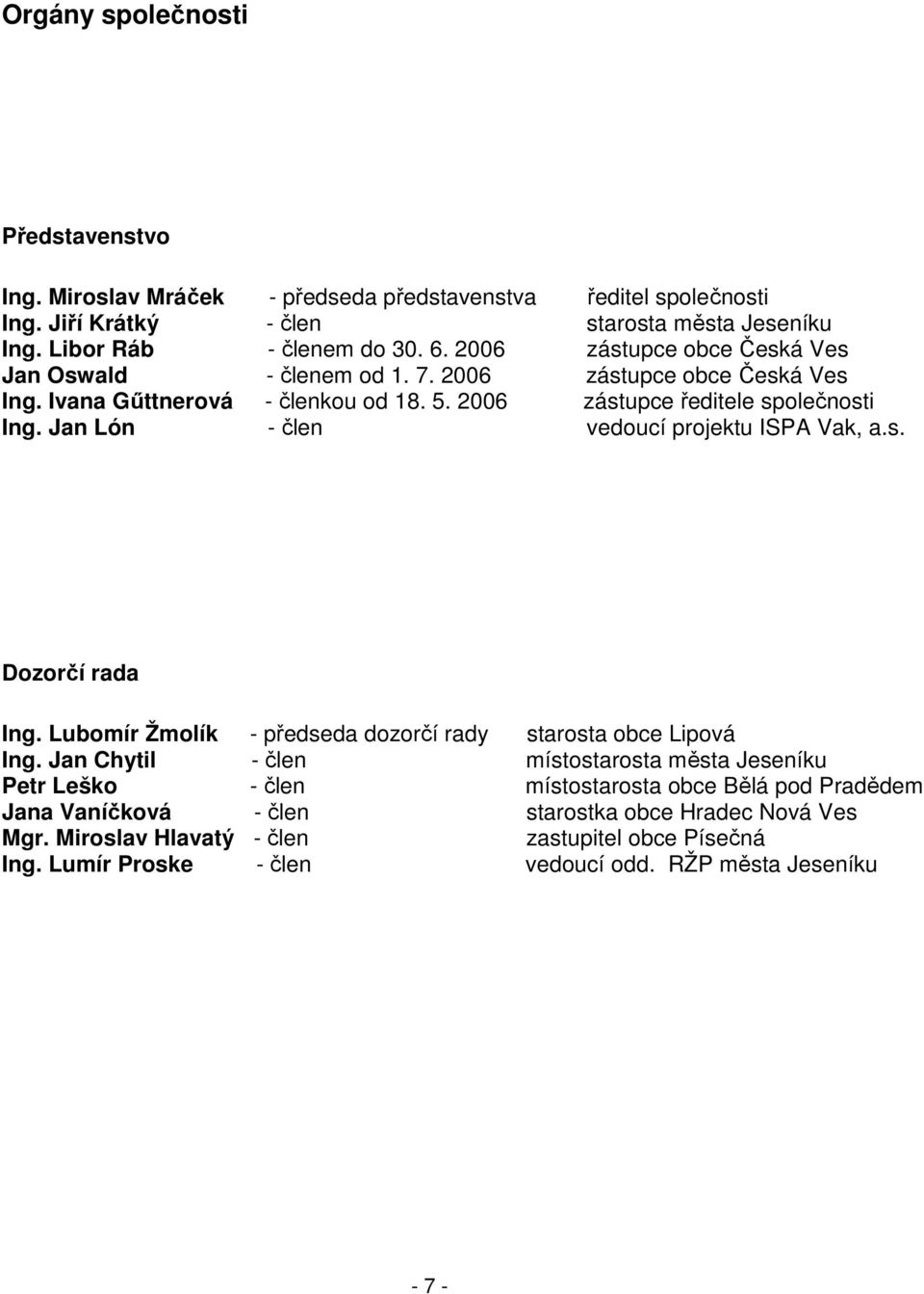 Jan Lón - člen vedoucí projektu ISPA Vak, a.s. Dozorčí rada Ing. Lubomír Žmolík - předseda dozorčí rady starosta obce Lipová Ing.