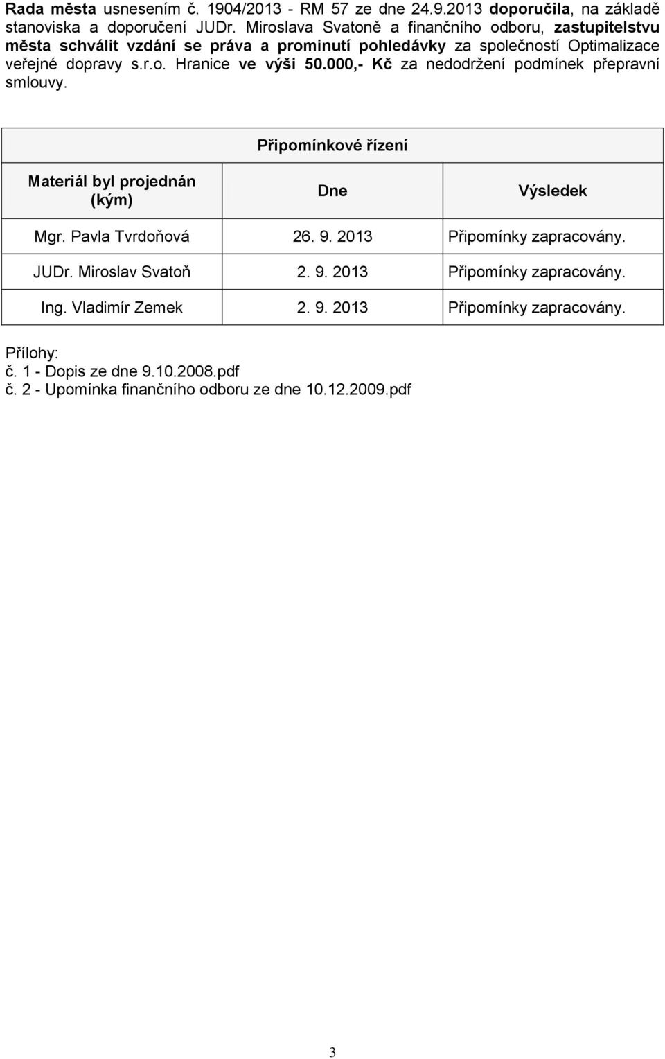 000,- Kč za nedodržení podmínek přepravní smlouvy. Připomínkové řízení Materiál byl projednán (kým) Dne Výsledek Mgr. Pavla Tvrdoňová 26. 9.