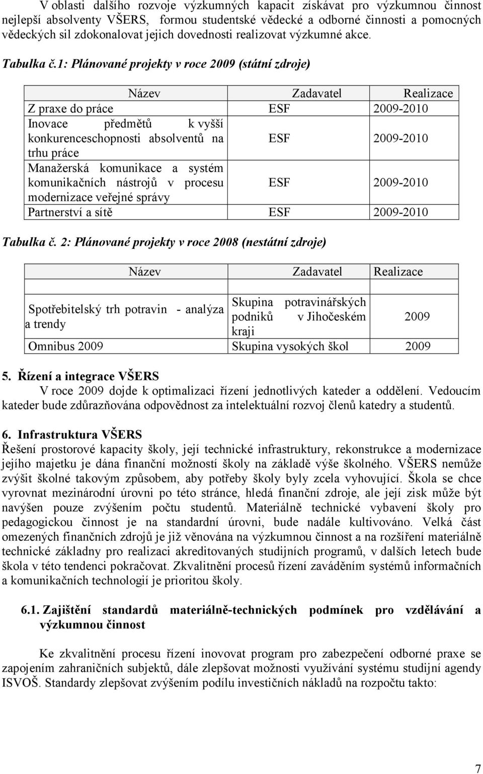 1: Plánované projekty v roce 2009 (státní zdroje) Název Zadavatel Realizace Z praxe do práce ESF 2009-2010 Inovace předmětů k vyšší konkurenceschopnosti absolventů na ESF 2009-2010 trhu práce