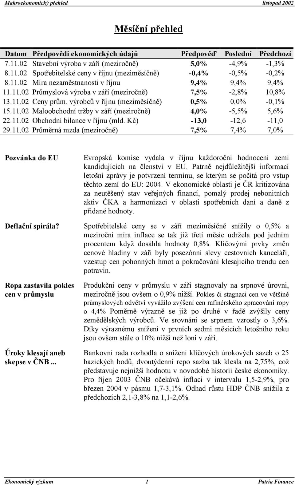 11.02 Obchodní bilance v říjnu (mld. Kč) -13,0-12,6-11,0 29.11.02 Průměrná mzda (meziročně) 7,5% 7,4% 7,0% Pozvánka do EU Deflační spirála?