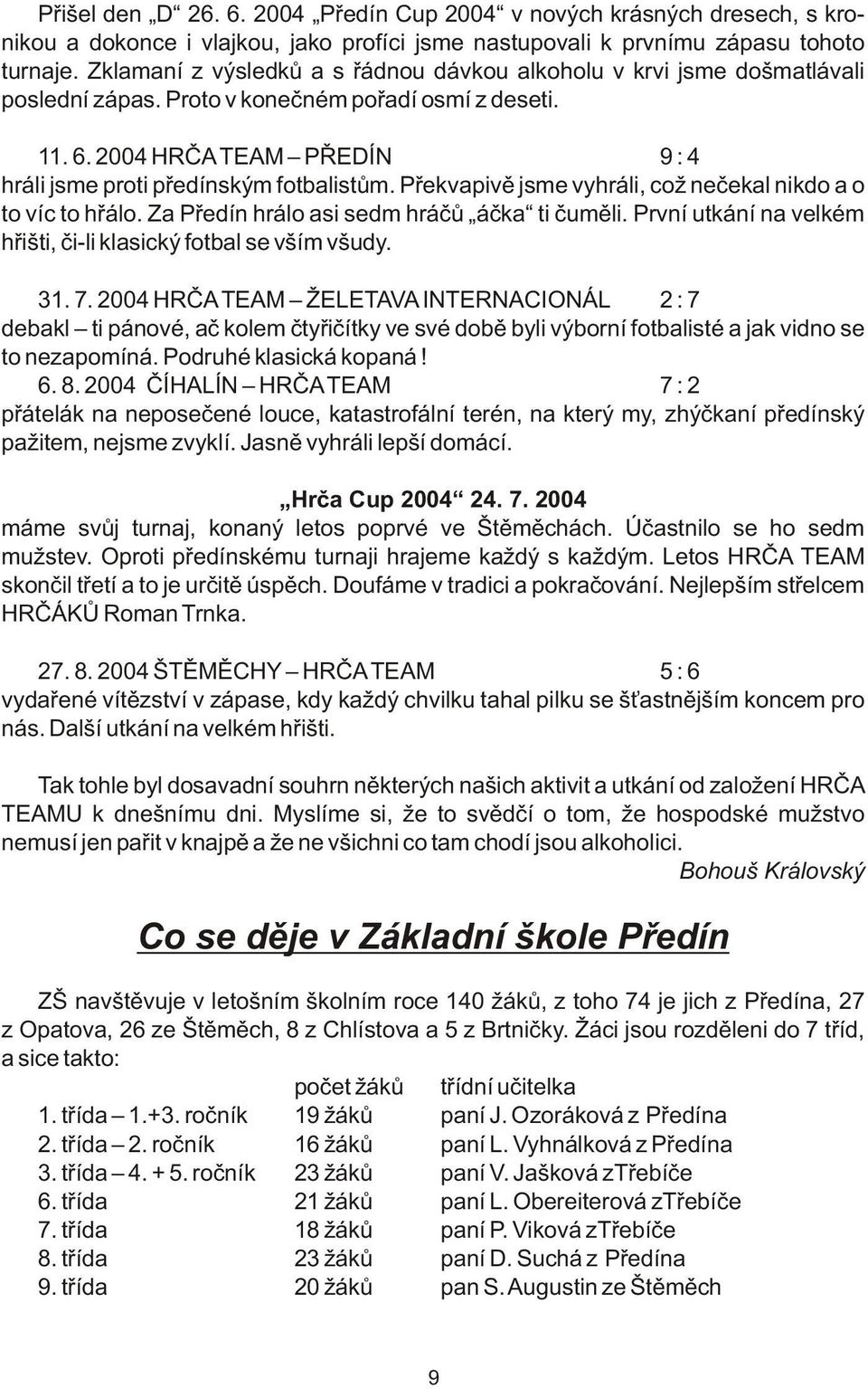 2004 HRÈA TEAM PØEDÍN 9 : 4 hráli jsme proti pøedínským fotbalistùm. Pøekvapivì jsme vyhráli, což neèekal nikdo a o to víc to høálo. Za Pøedín hrálo asi sedm hráèù áèka ti èumìli.