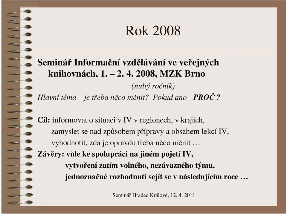 Cíl: informovat o situaci v IV v regionech, v krajích, zamyslet se nad způsobem přípravy a obsahem lekcí IV,