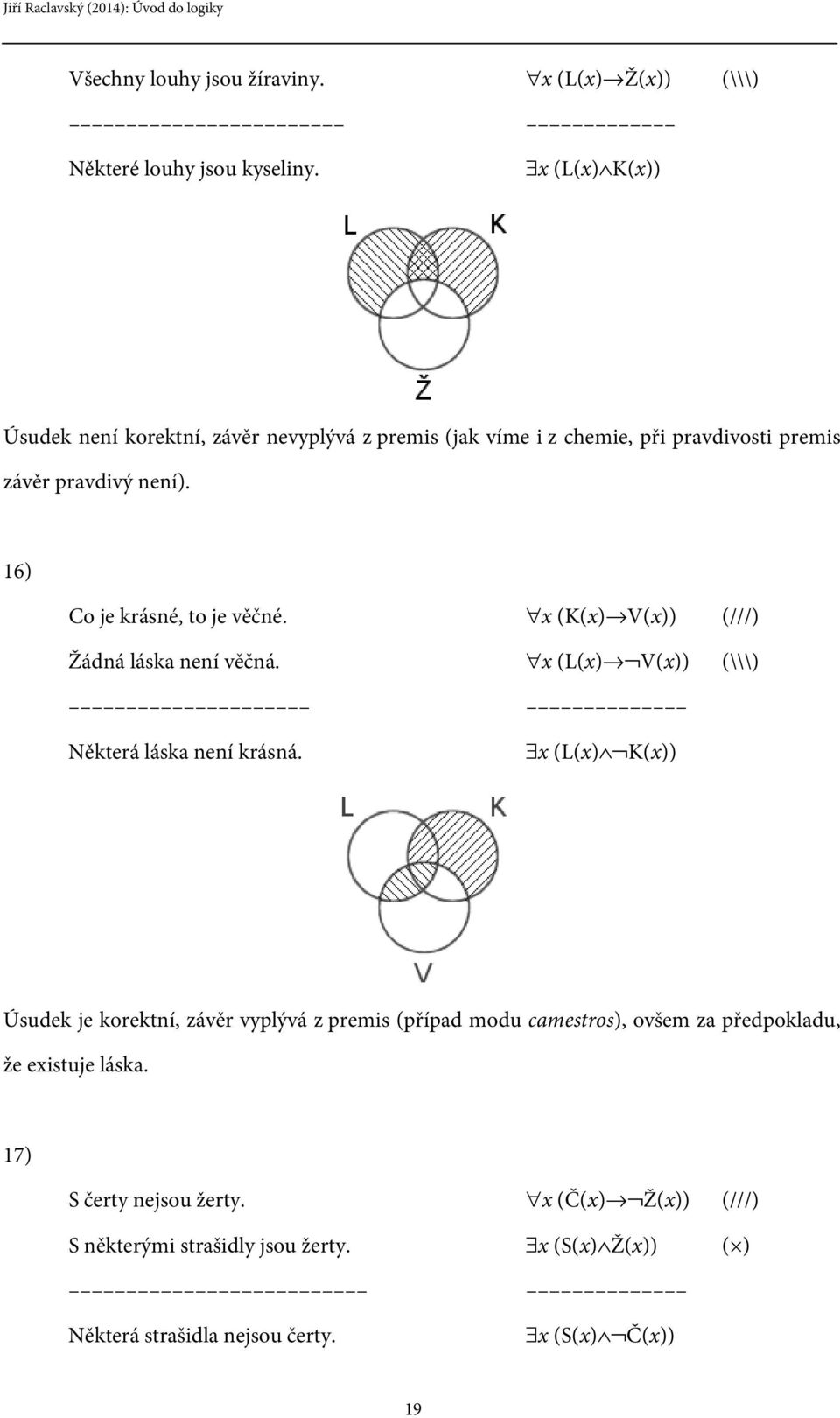 16) Co je krásné, to je věčné. x (K(x) V(x)) (///) Žádná láska není věčná. x (L(x) V(x)) (\\\) Některá láska není krásná.