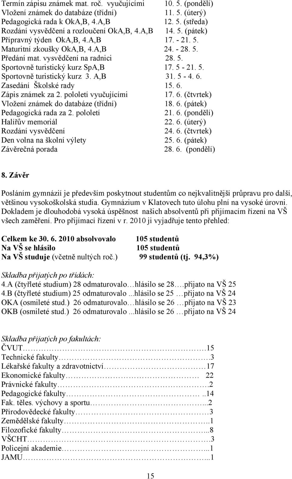 A,B 31. 5-4. 6. Zasedání Školské rady 15. 6. Zápis známek za 2. pololetí vyučujícími 17. 6. (čtvrtek) Vložení známek do databáze (třídní) 18. 6. (pátek) Pedagogická rada za 2. pololetí 21. 6. (pondělí) Halířův memoriál 22.