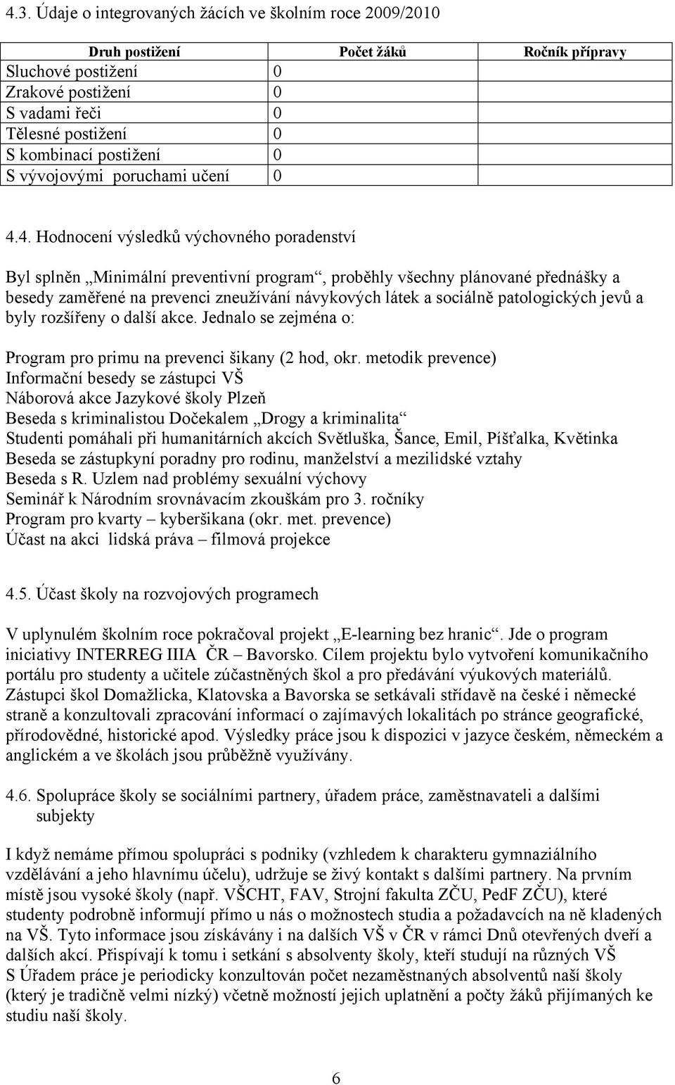 4. Hodnocení výsledků výchovného poradenství Byl splněn Minimální preventivní program, proběhly všechny plánované přednášky a besedy zaměřené na prevenci zneužívání návykových látek a sociálně