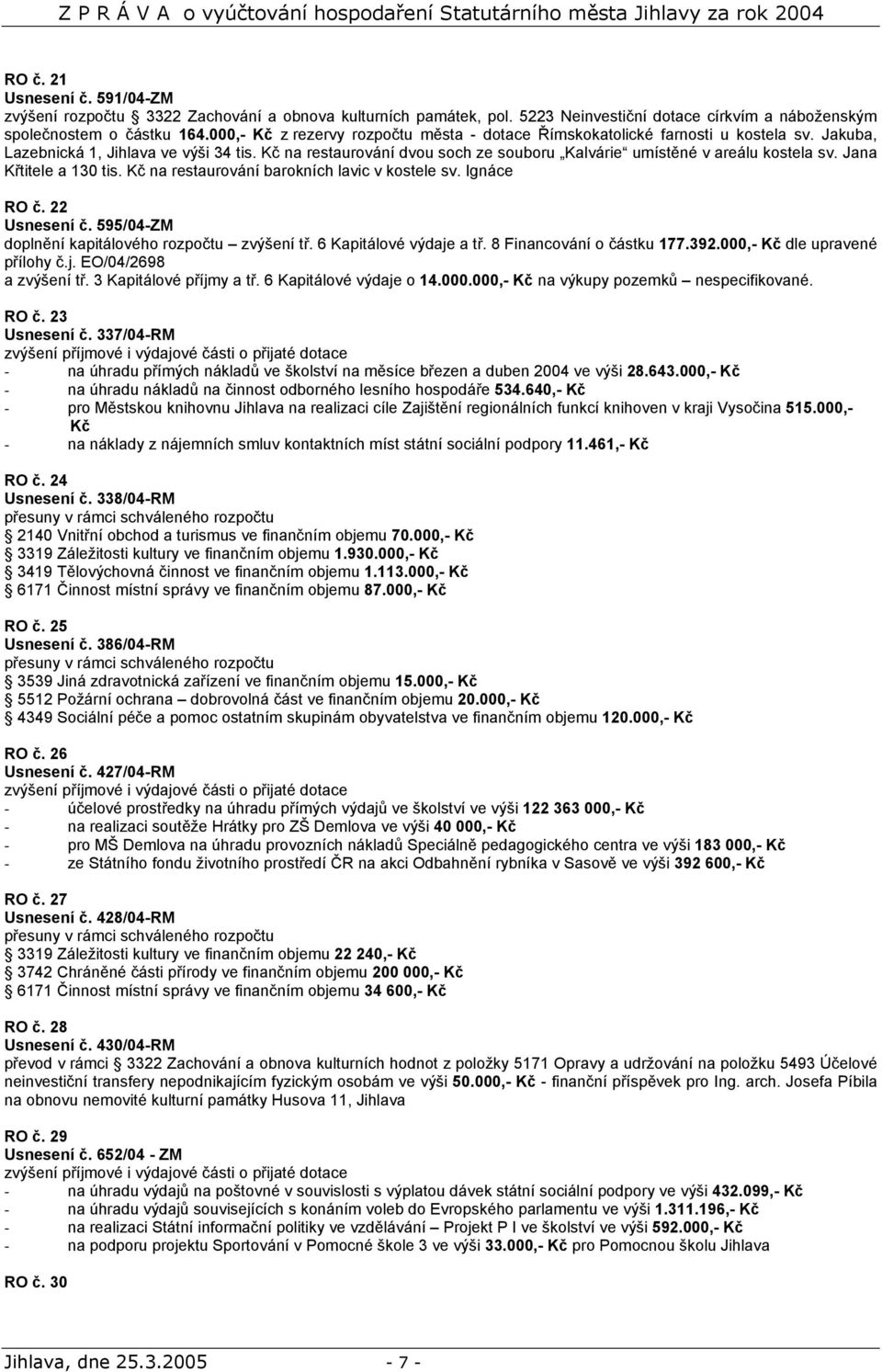 Kč na restaurování dvou soch ze souboru Kalvárie umístěné v areálu kostela sv. Jana Křtitele a 130 tis. Kč na restaurování barokních lavic v kostele sv. Ignáce RO č. 22 Usnesení č.