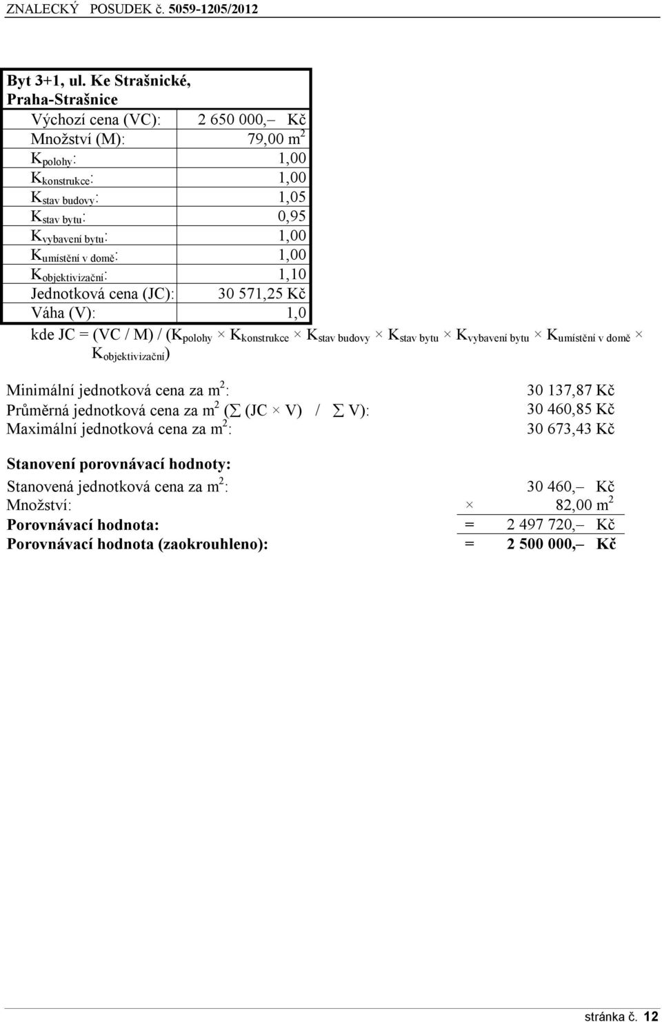 umístění v domě : 1,00 K objektivizační : 1,10 Jednotková cena (JC): 30 571,25 Kč Váha (V): 1,0 kde JC = (VC / M) / (K polohy K konstrukce K stav budovy K stav bytu K vybavení bytu K umístění v